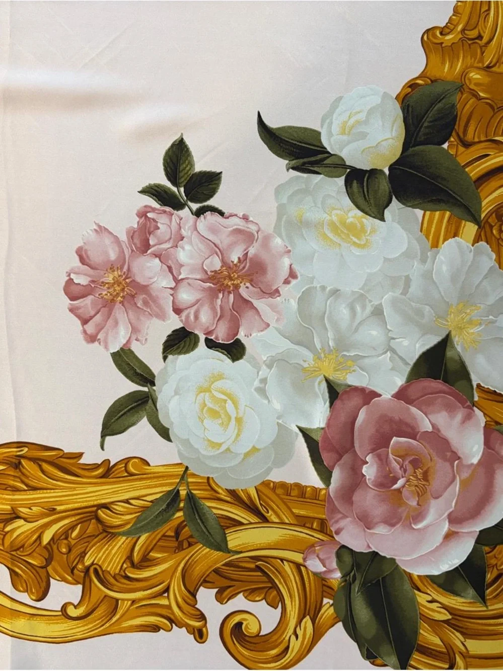 Chanel Silk Scarf Floral Camellia Pink Gold Hand Rolled